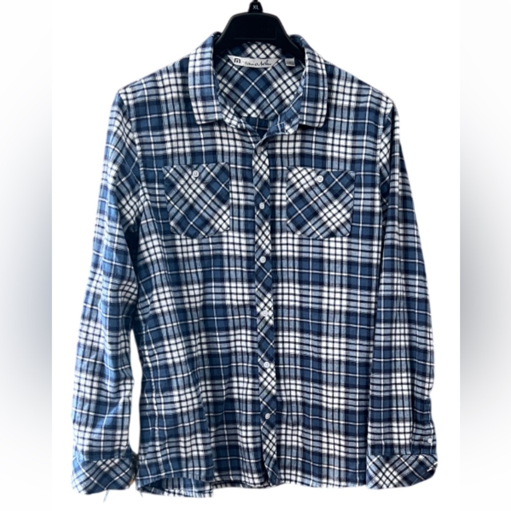 Travis Mathew Cloud Flannel Button Up Navy/White Checkered Plaid Cotton Preppy